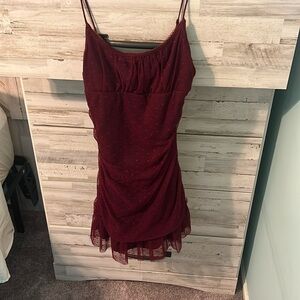 Maroon polka dot mesh mini dress